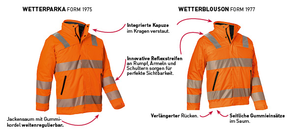 Beide Modelle sind sowohl in Warngelb als auch in Warnorange und in den Gr&ouml;&szlig;en XS-4XL erh&auml;ltlich